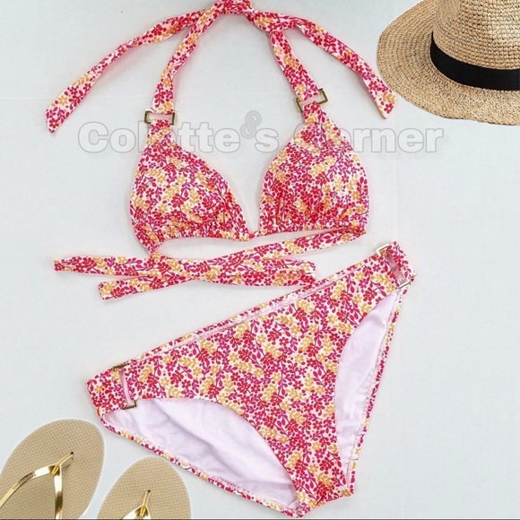 Coral Floral Print W/ Gold Hardware Triangle Bikini Top & Bottom - Picture 1 of 8